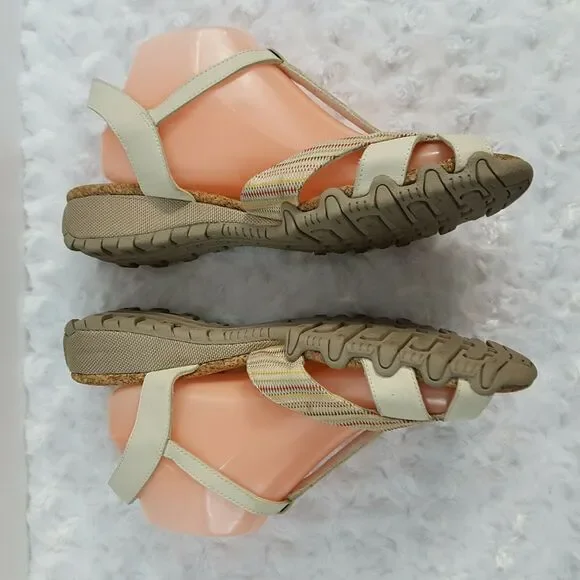 Skechers Womens 10 Sandals T-Strap Beige Striped Strappy Cork Footbed Comfort - Picture 4 of 10